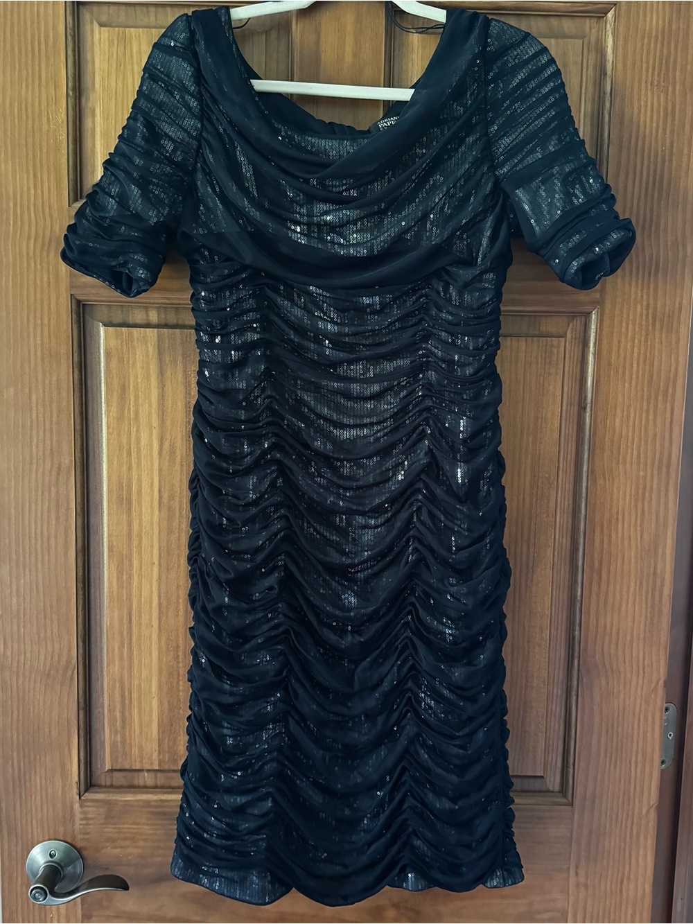 Adrianna Papell Evening Ruched Dress Women’s 12 Navy Blue Sequin Sheath MOB